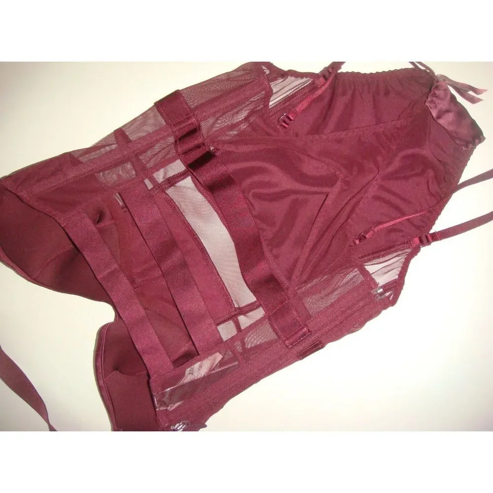 Victoria's Secret 32C BRA SET+garter TEDDY+XS ONE-PIECE pink burgundy maroon red